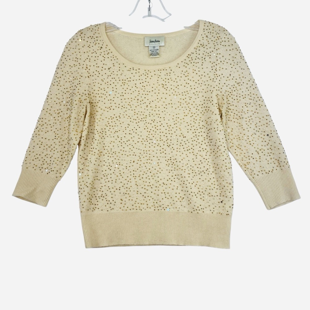 Vintage Newman Marcus Cashmere Beaded  Sweater Women S Ivory 3/4 Sleeve Glam